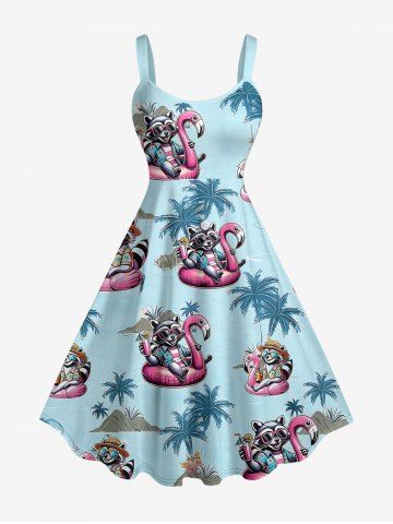 Robe débardeur Hawaï imprimé cocotier, flamant rose et chat (bretelles réglables) - LIGHT BLUE - L