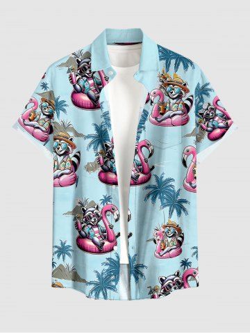 Chemise hawaïenne pour homme à imprimé cocotier, flamant rose et chat, boutons et poche - LIGHT BLUE - 2XL