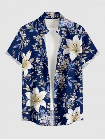 Flower Leaf Branch Print Hawaii Button Pocket Shirt For Men - DEEP BLUE - 4XL