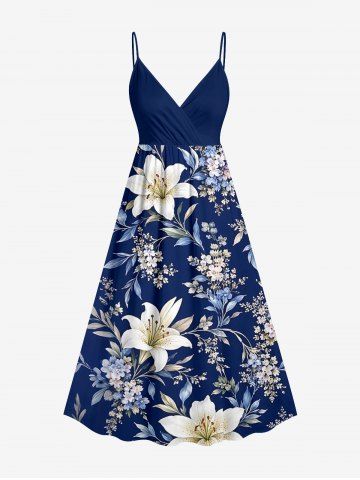 Robe trapèze à encolure croisée imprimé fleurs, feuilles et branches Hawaï - DEEP BLUE - 5X