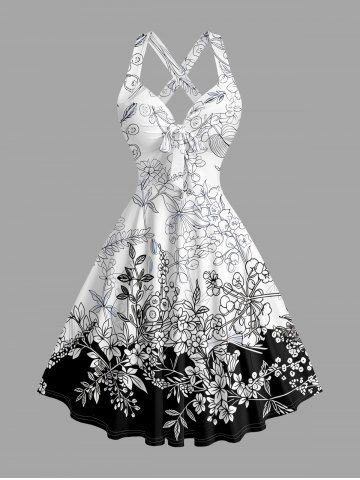 Robe trapèze à bretelles croisées et dos nu, imprimé fleurs et feuilles Hawaï - WHITE - L