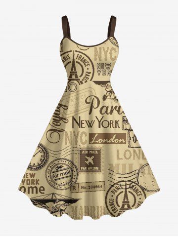 Retro World Travel Stamp Print Hawaii A Line Dress - LIGHT COFFEE - XS
