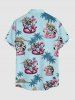 Chemise hawaïenne pour homme à imprimé cocotier, flamant rose et chat, boutons et poche - Bleu clair 5XL