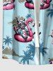 Chemise hawaïenne pour homme à imprimé cocotier, flamant rose et chat, boutons et poche - Bleu clair 5XL