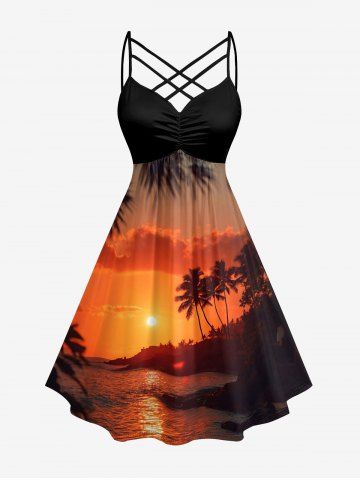 Coconut Tree Sun Cloud Seascape Print Ruched Lattice Crisscross Straps Hawaii Dress - BURNT ORANGE - 6X