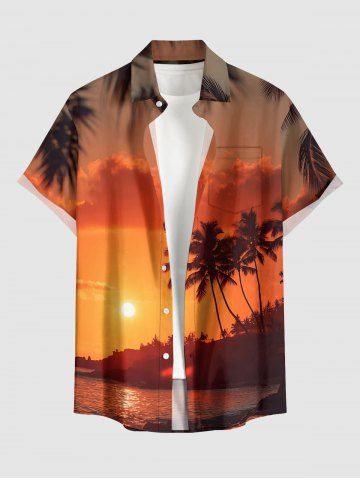 Coconut Tree Sun Cloud Seascape Print Buttons Pocket Hawaii Shirt For Men - BURNT ORANGE - S
