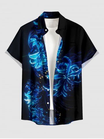 Neon Glowing Blue Flower Print Buttons Pocket Hawaii Shirt For Men - BLUE - 5XL
