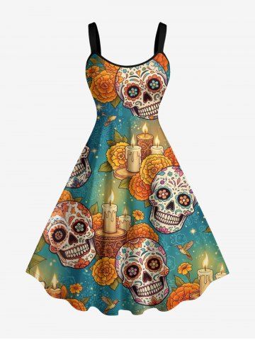 Skulls Flower Bird Candle Print A Line Dress - ORANGE - M