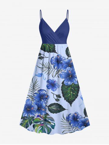 Tropical Leaf Hibiscus Flower Print Hawaii Surplice A Line Dress - SKY BLUE - L
