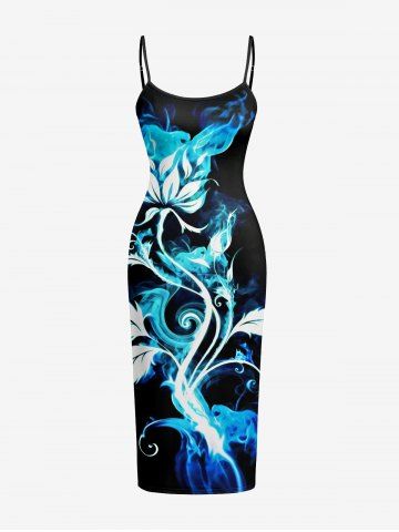 Leaf Fire Flame Print Hawaii Fitted Dress - BLACK - XS