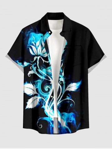 Leaf Fire Flame Print Buttons Pocket Hawaii Shirt For Men - BLACK - M