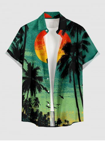 Chemise hawaïenne pour homme à boutons et poche, imprimé cocotier et oiseau soleil - DEEP GREEN - M