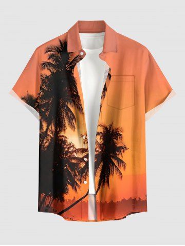 Chemise hawaïenne pour homme à boutons et poche, imprimé cocotier dégradé coucher de soleil au crépuscule - ORANGE - S