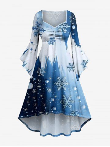 Christmas Ball Snowflake Ombre Print Ruched High Low Asymmetric Dress - DEEP BLUE - 1X