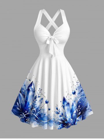 Watercolor Blue Crystal Molecule Print Hawaii Halter Crisscross Strappy A Line Dress - WHITE - XXXL