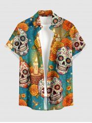 Chemise pour homme à imprimé crânes, fleurs, oiseaux et bougies, boutonnée avec poche - Orange S