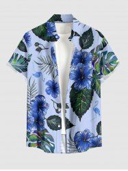Chemise hawaïenne boutonnée avec poche pour homme, imprimé feuilles tropicales et fleurs d'hibiscus - Bleu Ciel S