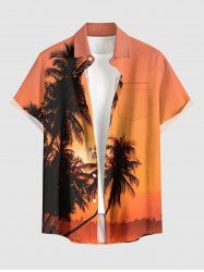 Chemise hawaïenne pour homme à boutons et poche, imprimé cocotier dégradé coucher de soleil au crépuscule - Orange S