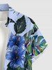 Chemise hawaïenne boutonnée avec poche pour homme, imprimé feuilles tropicales et fleurs d'hibiscus - Bleu Ciel S