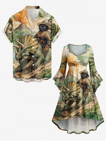 Tenue de plage hawaïenne assortie pour couples avec imprimé chat, dinosaure, cocotier et volcan - PLANT GREEN
