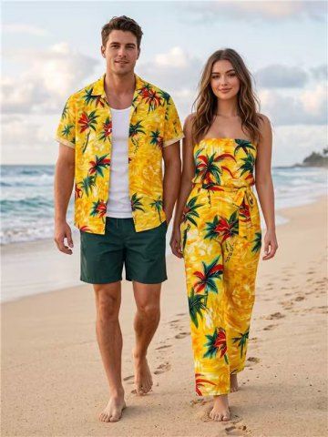 Tenue de plage hawaïenne assortie pour couples avec imprimé cocotier - YELLOW