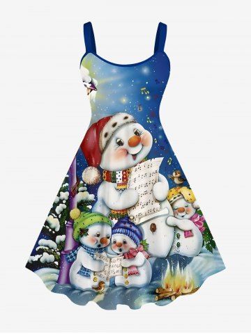 Christmas Tree Snowman Fire Flame Ombre Galaxy Print A Line Tank Dress - BLUE GRAY - 1X