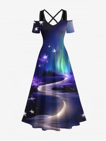 Robe maxi trapèze à bretelles croisées, imprimé Hawaï dégradé multicolore, aurore, faisceaux lumineux, rivière, étoiles et galaxie - MULTI-A - 1X
