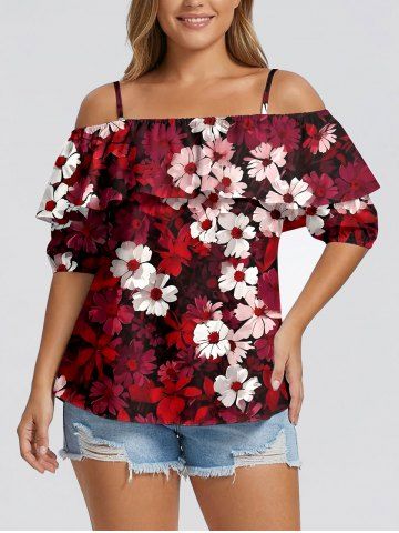 Blouse à épaules dénudées bicolore avec imprimé floral hawaïen et volants
