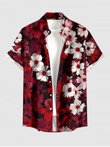 Two Tone Flower Print Hawaii Button Pocket Shirt For Men - POMEGRANATE RED - 6XL