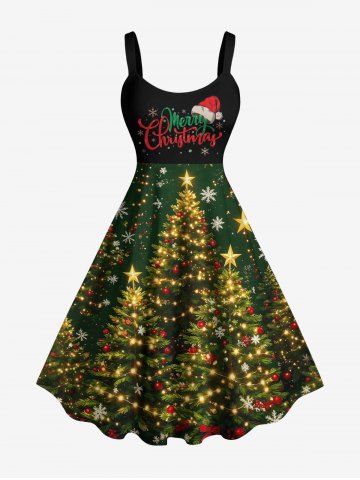 Christmas Tree Light Star Snowflake Print Tank Dress(Adjustable Shoulder Strap) - DEEP GREEN - 4X