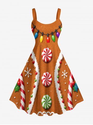 Christmas Light Candy Gingerbread Print Tank Dress(Adjustable Shoulder Strap) - LIGHT BROWN - 1X
