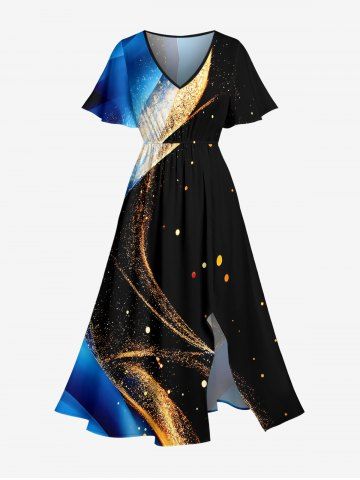 Robe midi hawaïenne fendue grande taille, imprimé 3D à pois et marquage à chaud scintillant - BLUE - XS