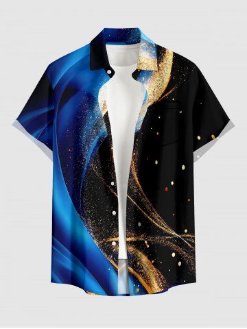 Curve Dots Glitter Hot Stamping 3D Print Buttons Pocket Hawaii Shirt For Men - BLUE - 2XL