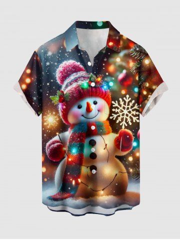Chemise boutonnée à poche pour homme avec imprimé bonhomme de neige, flocons et lumières de Noël