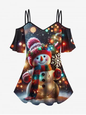 Christmas Snowman Snowflake Light Print Cold Shoulder Cami T-shirt - BROWN - 4X