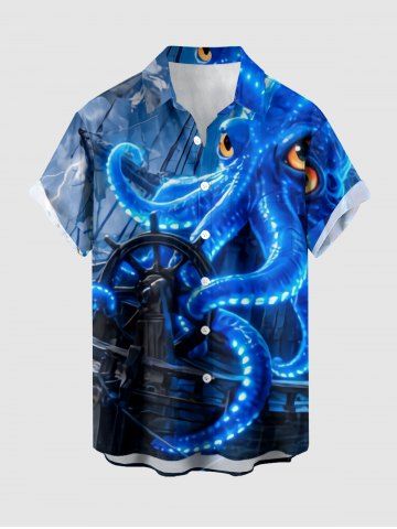 Chemise boutonnée avec poche pour homme, imprimé pieuvre et gouvernail à paillettes, croisière hawaïenne - BLUE - 6XL