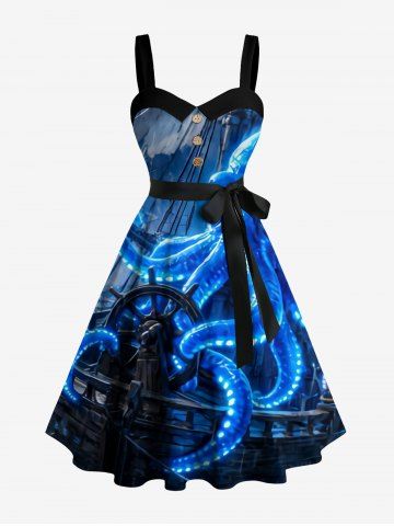 Robe trapèze boutonnée avec ceinture amovible, imprimé poulpe et gouvernail à paillettes, croisière à Hawaï