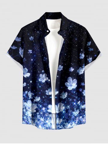 Glitter Flower Galaxy Print Hawaii Button Pocket Shirt For Men - MIDNIGHT BLUE - 4XL