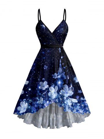 Robe de plage cache-maillot avec ceinture, encolure croisée, volants hawaïens et ourlet tulipe, imprimé galaxie à fleurs pailletées - MIDNIGHT BLUE - XL
