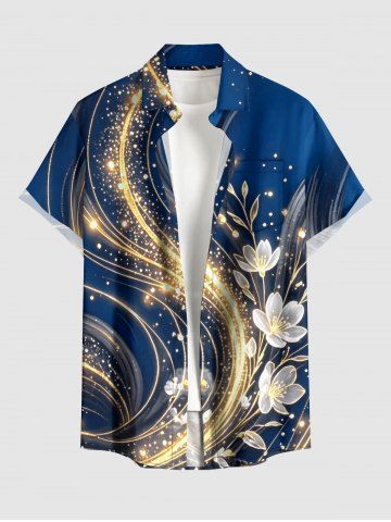 Flower Leaf Glitter Light Beam Print Hawaii Button Pocket Shirt For Men - BLUE - L
