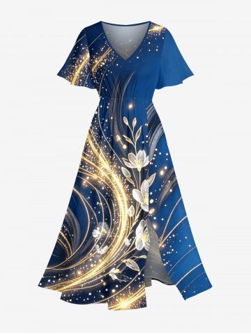 Flower Leaf Glitter Light Beam Print Hawaii Split Pocket A Line Midi Dress - BLUE - XS