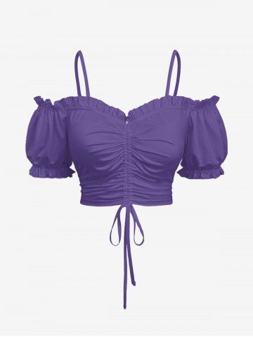 Solid Cinched Cold Shoulder Puff Sleeve Top - PURPLE - 2X