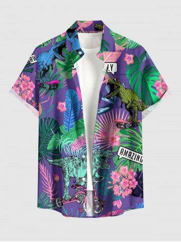 Flower Tropical Leaf Dinosaur Print Hawaii Button Pocket Shirt For Men - PURPLE - XL