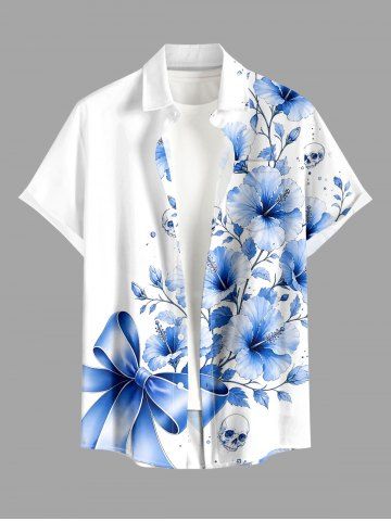 Chemise hawaïenne pour homme à imprimé fleurs, crâne et nœud, avec boutons et poche - WHITE - 4XL