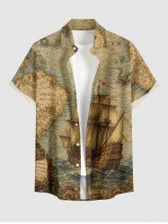 Chemise boutonnée à poche pour homme, imprimé carte marine et voiliers, croisière à Hawaï, effet délavé - Bronze S