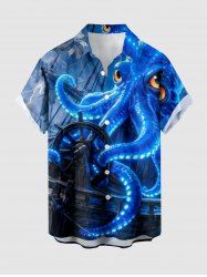 Chemise boutonnée avec poche pour homme, imprimé poulpe à paillettes et gouvernail, croisière à Hawaï - Bleu S