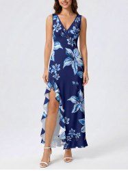 Flower Print Hawaii Ruffles Split Dress -  