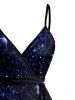 Robe de plage à encolure croisée avec ceinture, imprimé galaxie fleurs à paillettes, volants hawaïens et ourlet tulipe - Bleu de Minuit M