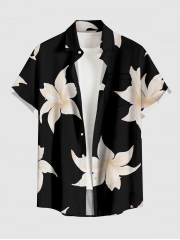 Flowers Print Buttons Pocket Hawaii Shirt For Men - BLACK - 2XL