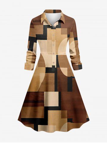 Geometric Colorblock Print Buttons A Line Shirt Dress - TAN - 6X
